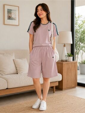 Lacoste logo Women's Dusty Lavender Short Sleeve Lounge Tee & short set